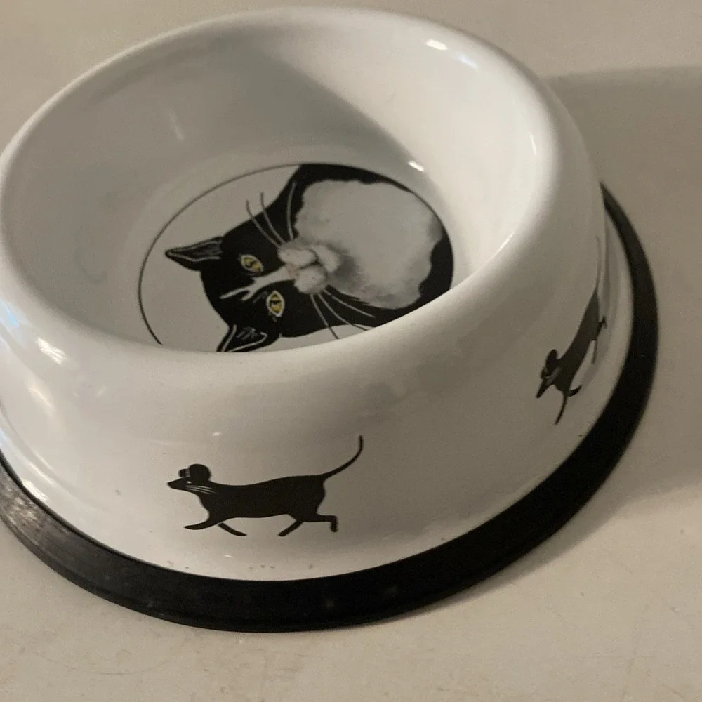 Vintage Tuxedo Black White Cat Metal Cat Dish With Mice Whimsical